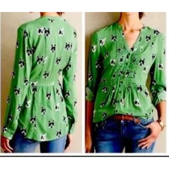 Maeve Green Boston Terrier Button Top V-neck - Picture 7 of 7